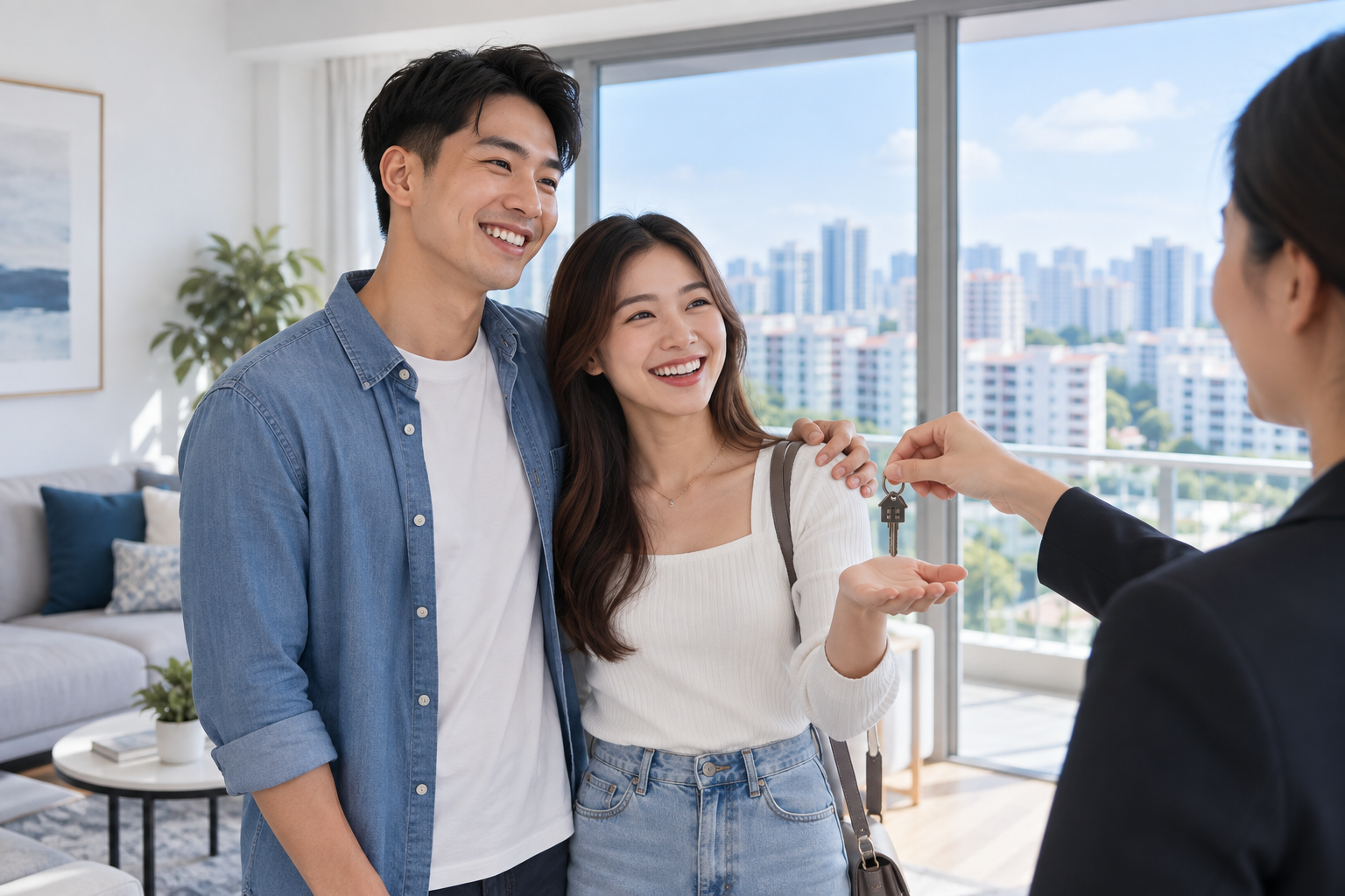 Young Singapore couple receiving the keys to their first home